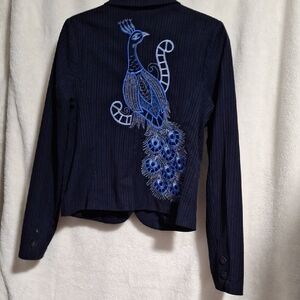 Elegant Black Jacket with Blue Peacock Embroidery
